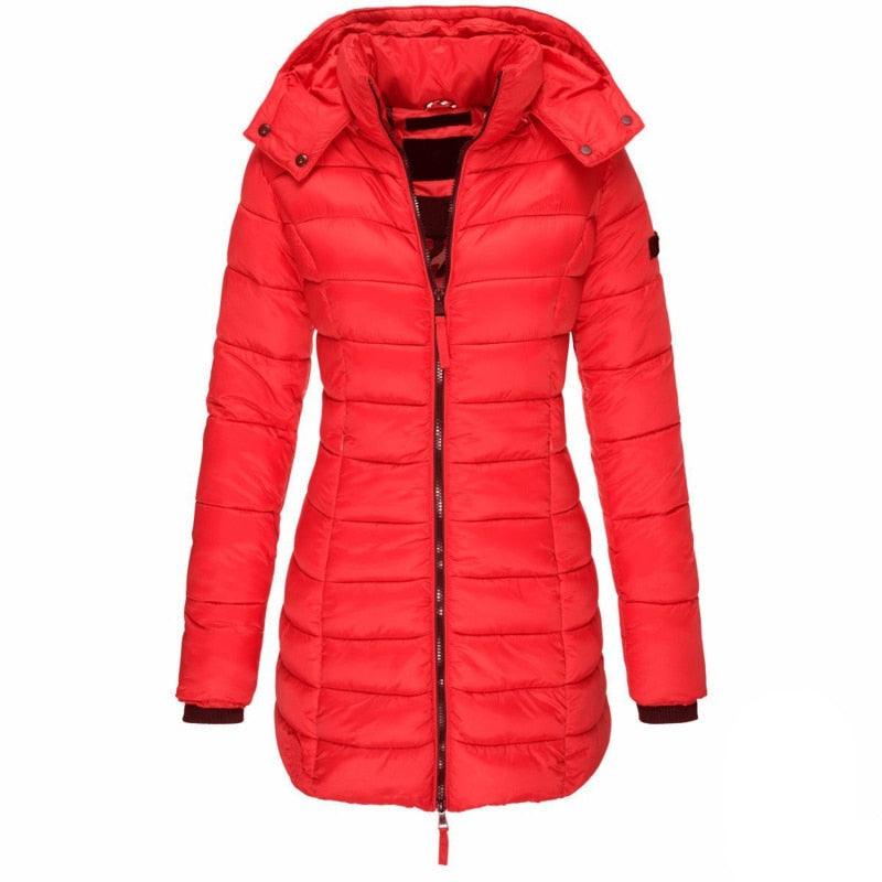 NOUVEAU RICHE Damen Parka Mantel Lange Winterjacke Kapuze Daunenfüllung - Winterjacke - Wintermäntel Damen Rot