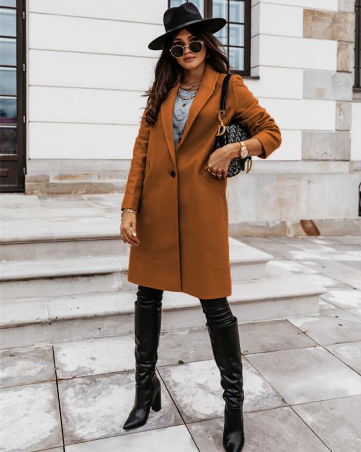 NOUVEAU RICHE Langer Mantel Mit Revers Und Knopf Für Jeden Tag Stil - Winterjacke - Wintermäntel Damen Braun