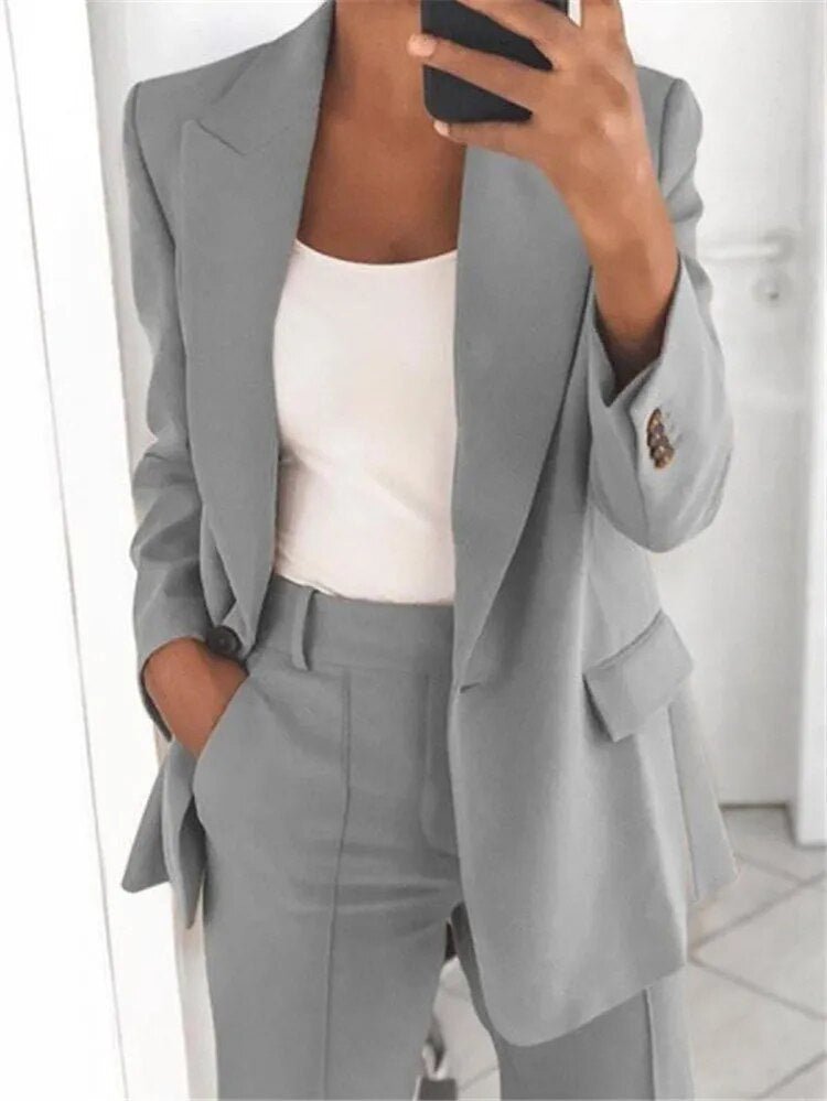 NOUVEAU RICHE Set Anzug Damen Spitzenmaterial Jacke Hose Größe S M L XL Grau