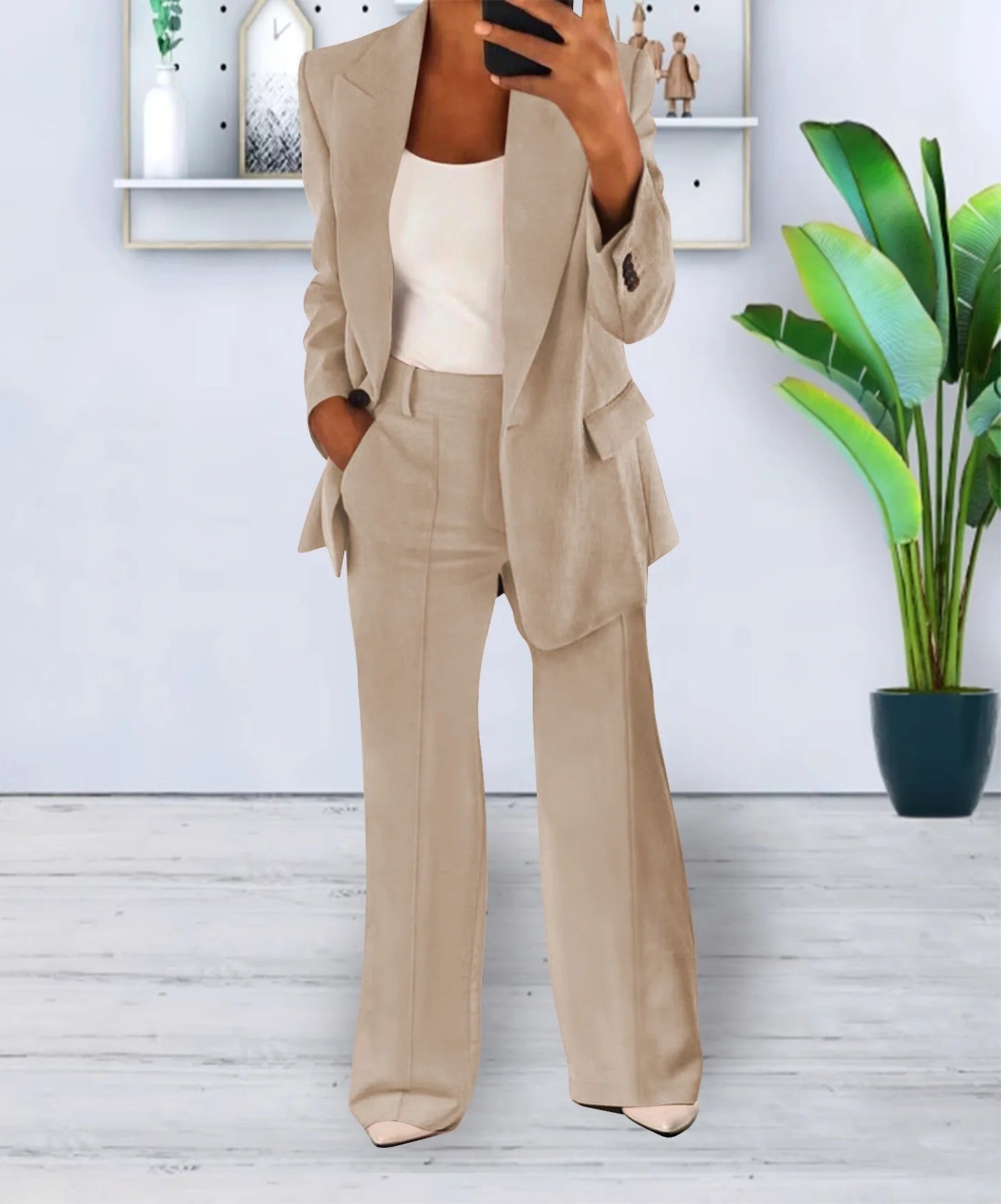 NOUVEAU RICHE Set Anzug Damen Spitzenmaterial Jacke Hose Größe S M L XL Beige