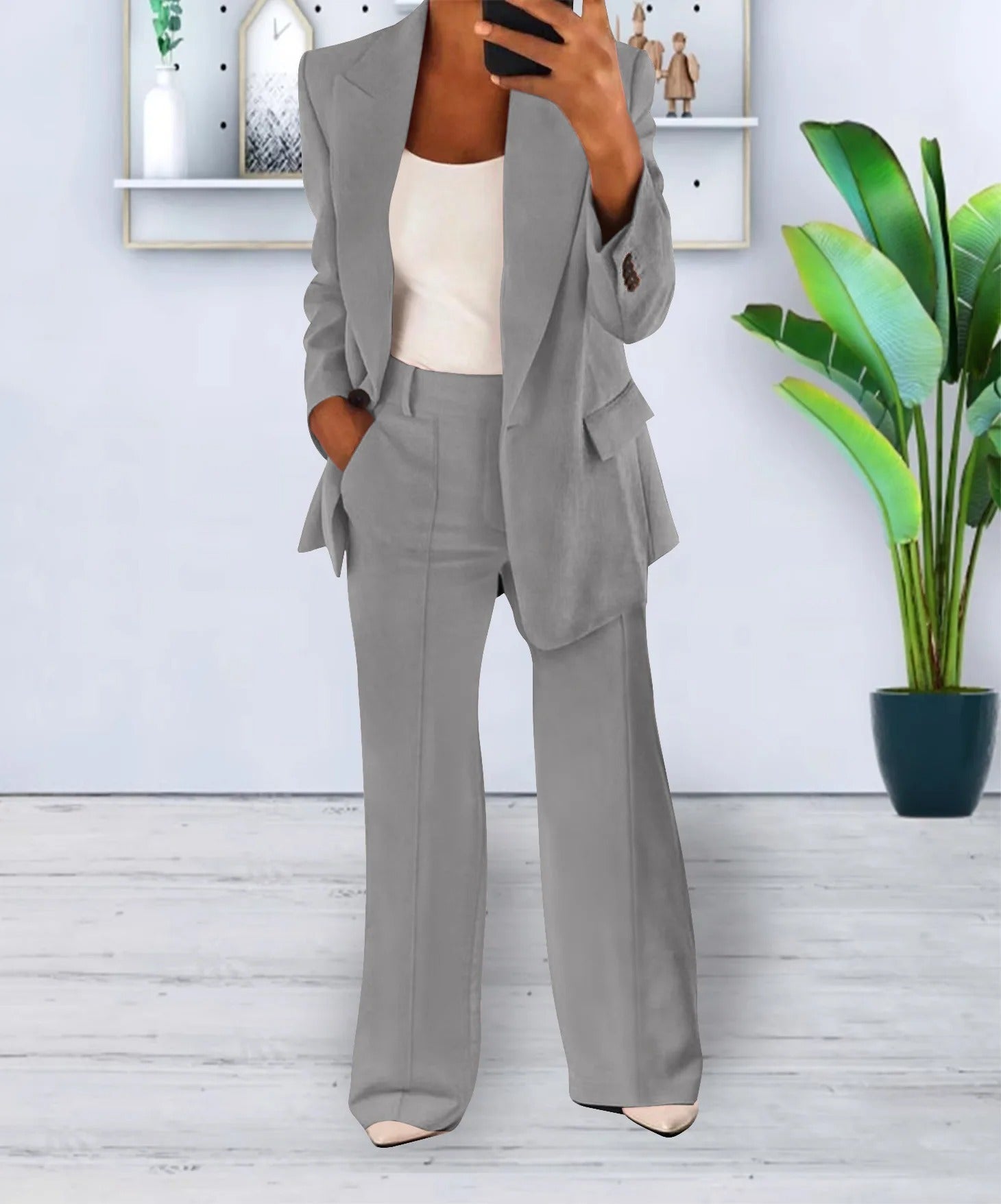 NOUVEAU RICHE Set Anzug Damen Spitzenmaterial Jacke Hose Größe S M L XL Grau