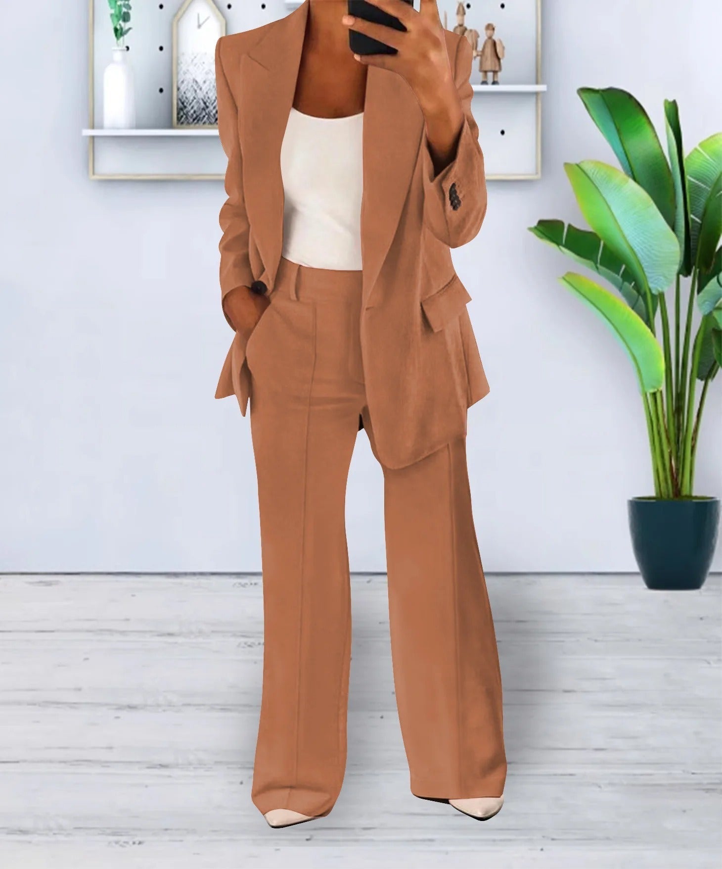 NOUVEAU RICHE Set Anzug Damen Spitzenmaterial Jacke Hose Größe S M L XL Braun