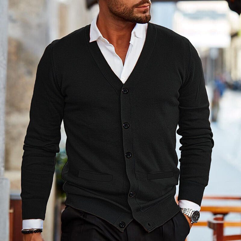 NOUVEAU RICHE Herren Strickjacke V Ausschnitt Knöpfe Lässig Elegant Schwarz