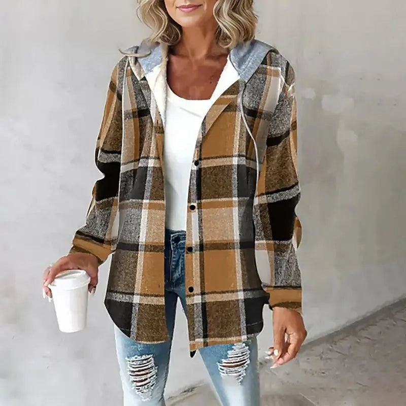 NOUVEAU RICHE Karierte Jacke mit Kapuze – Damen Karojacke mit Kapuze, wärmend & bequem, 6 Farben, S–2XL – Damaris Braun