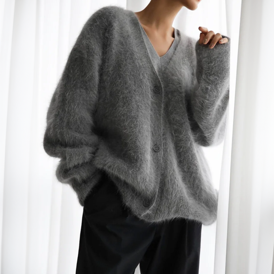 NOUVEAU RICHE Strickcardigan Oversize Flauschig Mohairoptik Damen Beige