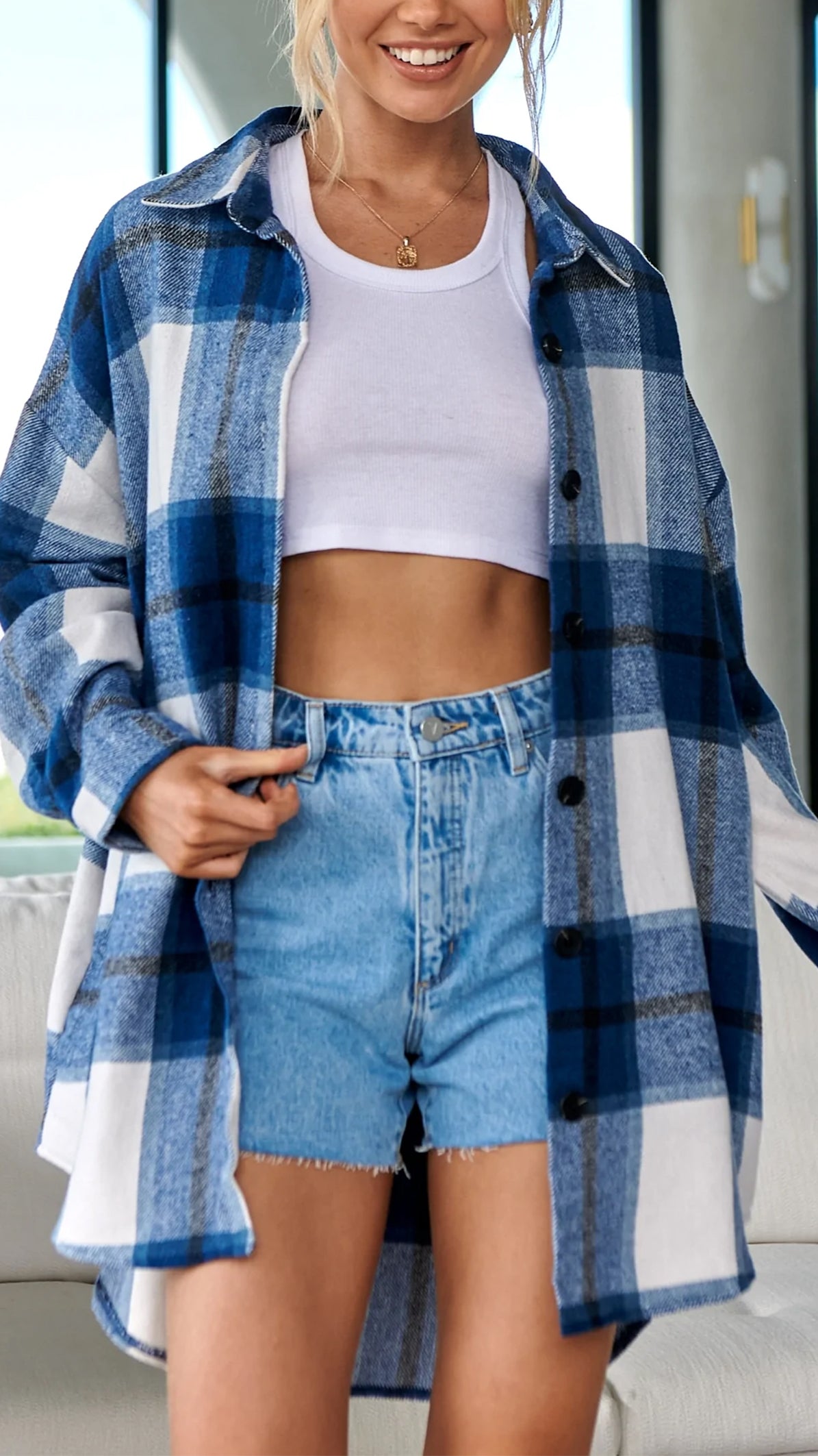 NOUVEAU RICHE Shacket Reversjacke Karo Tweed Oversized Mit Fronttaschen