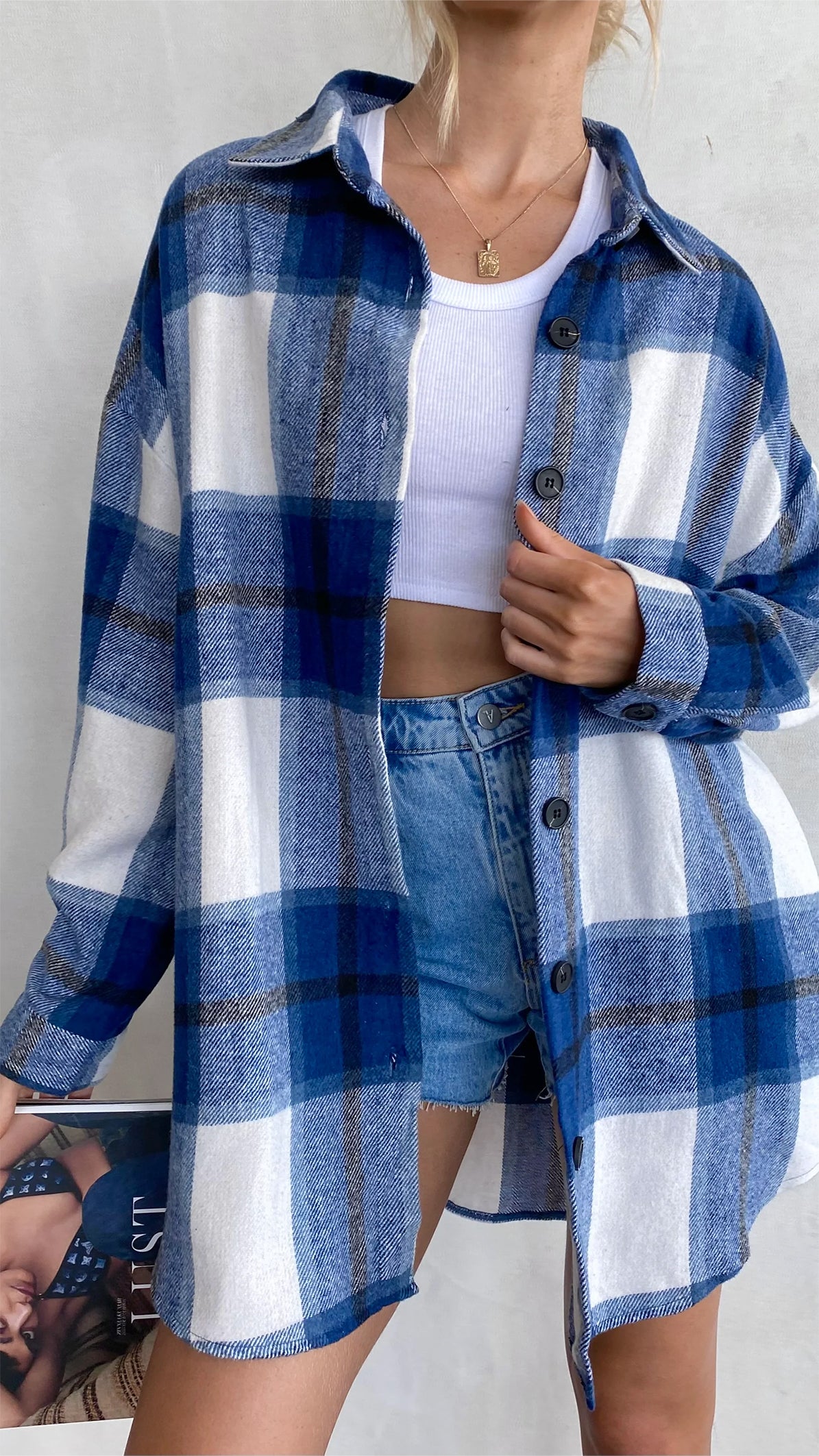 NOUVEAU RICHE Shacket Reversjacke Karo Tweed Oversized Mit Fronttaschen