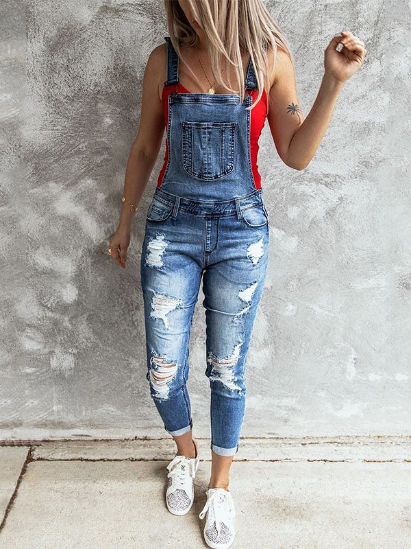 NOUVEAU RICHE Skinny Jeans Overall im Vintage Stil für Damen mit Verstellbaren Trägern und 5 Taschen aus Stretch Denim Mittelblau