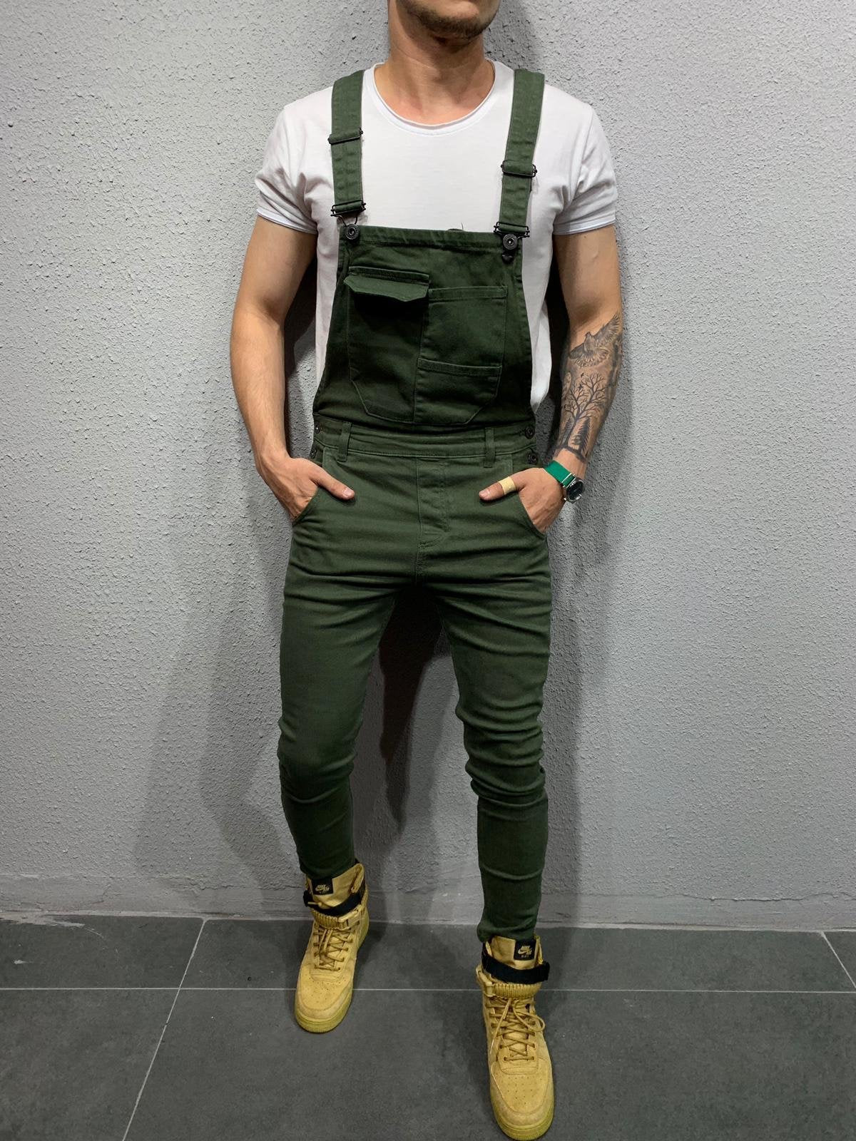 NOUVEAU RICHE Skinny Fit Jeans Overall Mit Klappentasche Für Herren Aus Baumwolle Mit Mittlerer Leibhöhe Und Schmalen Beinen 30 Zoll Innennaht Armeegrün