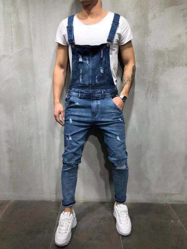 NOUVEAU RICHE Skinny Fit Stretch Denim Latzhose Für Herren Mit Fünf Funktionstaschen Und Reißverschluss In Unisex Größe Blau