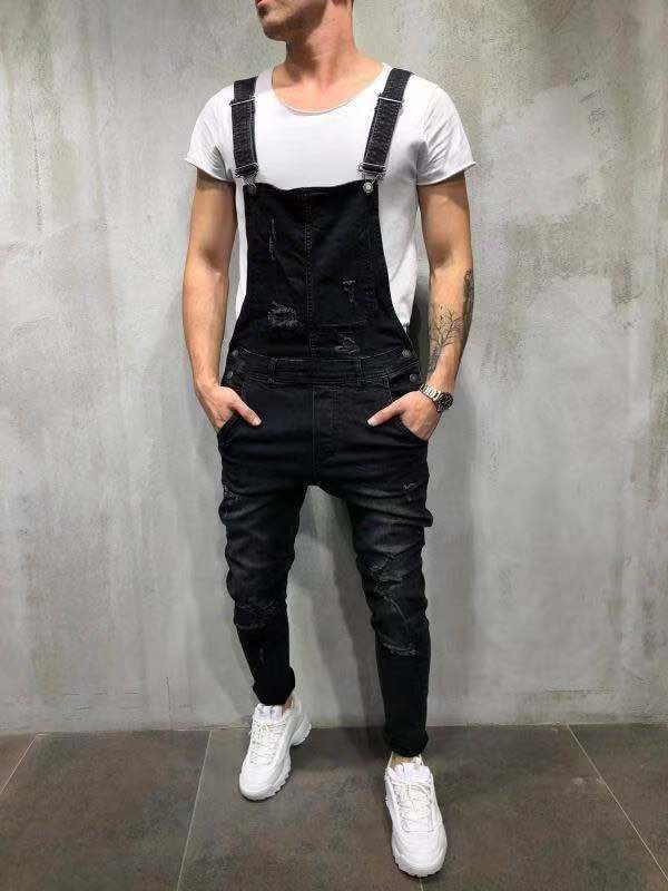 NOUVEAU RICHE Skinny Fit Stretch Denim Latzhose Für Herren Mit Fünf Funktionstaschen Und Reißverschluss In Unisex Größe Schwarz