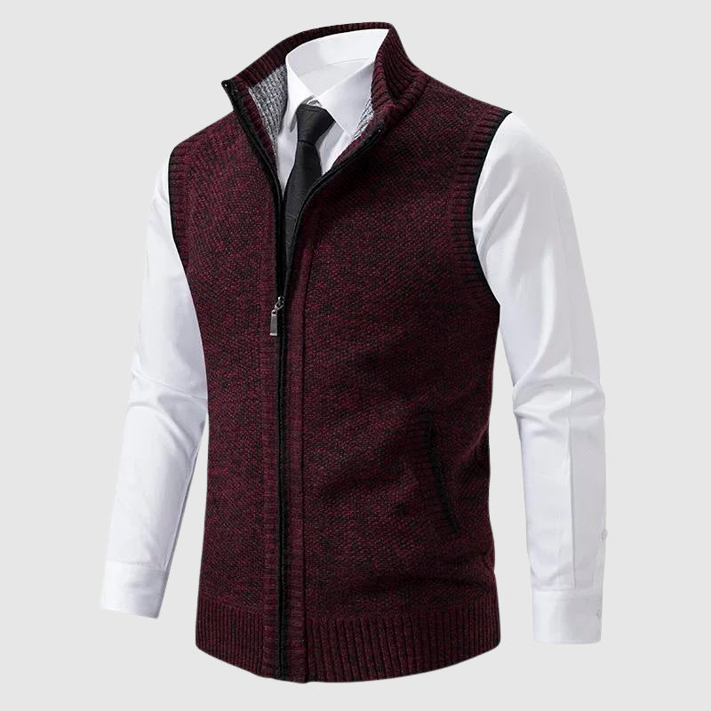 NOUVEAU RICHE Slim Fit Herren Strickweste mit Reißverschluss und Rippdetails Rot