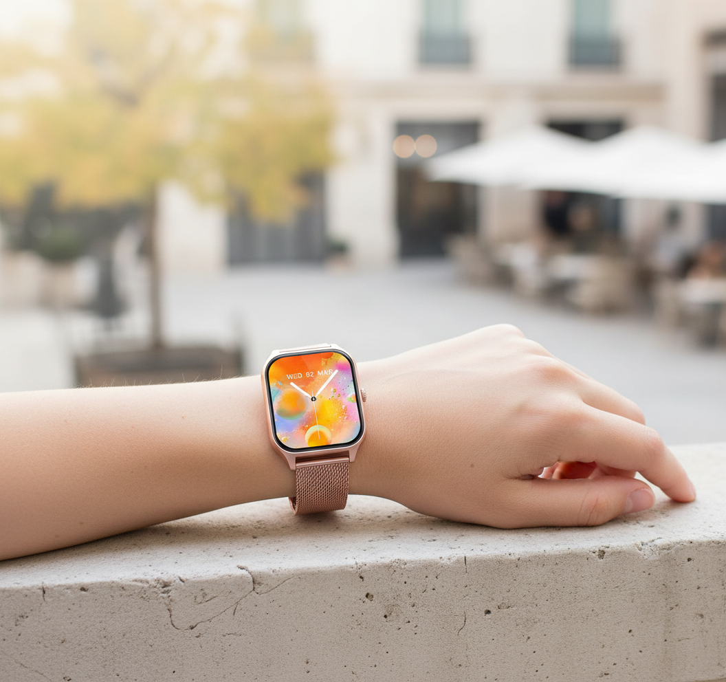 NOUVEAU RICHE Smartwatch mit Fitnesstracker – Stilvolle Damen Smartwatch mit Touchscreen & Anrufbenachrichtigungen, 4 Farben – StyleTrack