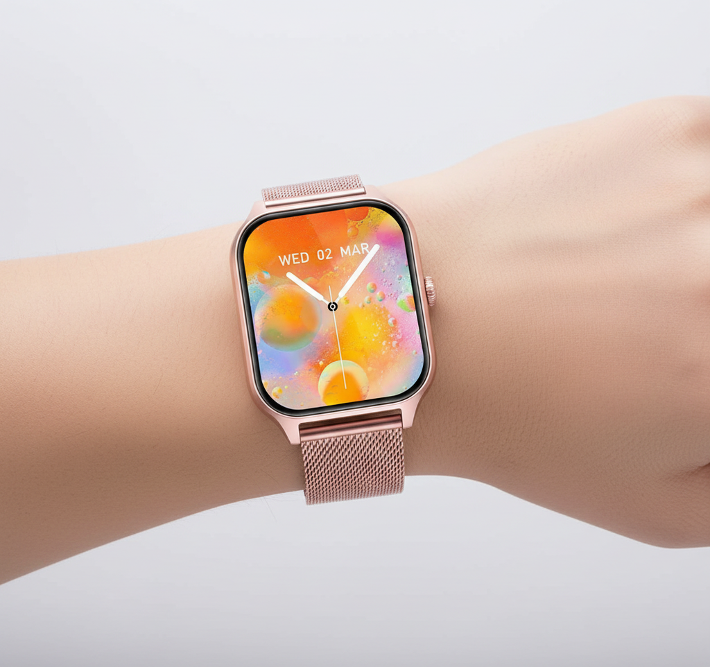 NOUVEAU RICHE Smartwatch mit Fitnesstracker – Stilvolle Damen Smartwatch mit Touchscreen & Anrufbenachrichtigungen, 4 Farben – StyleTrack