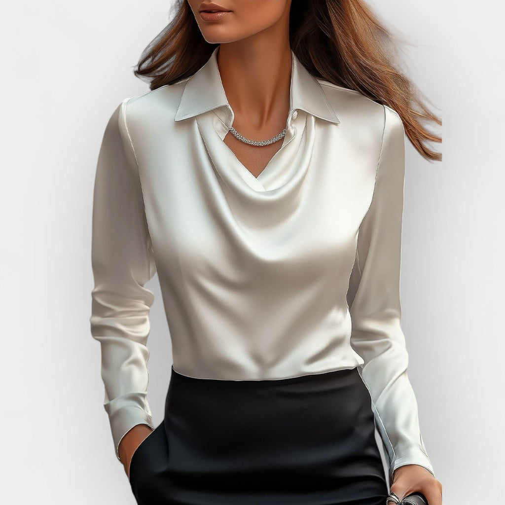 NOUVEAU RICHE Damen Bluse Mit Wasserfallkragen Glatte, Glänzende Material Weiß