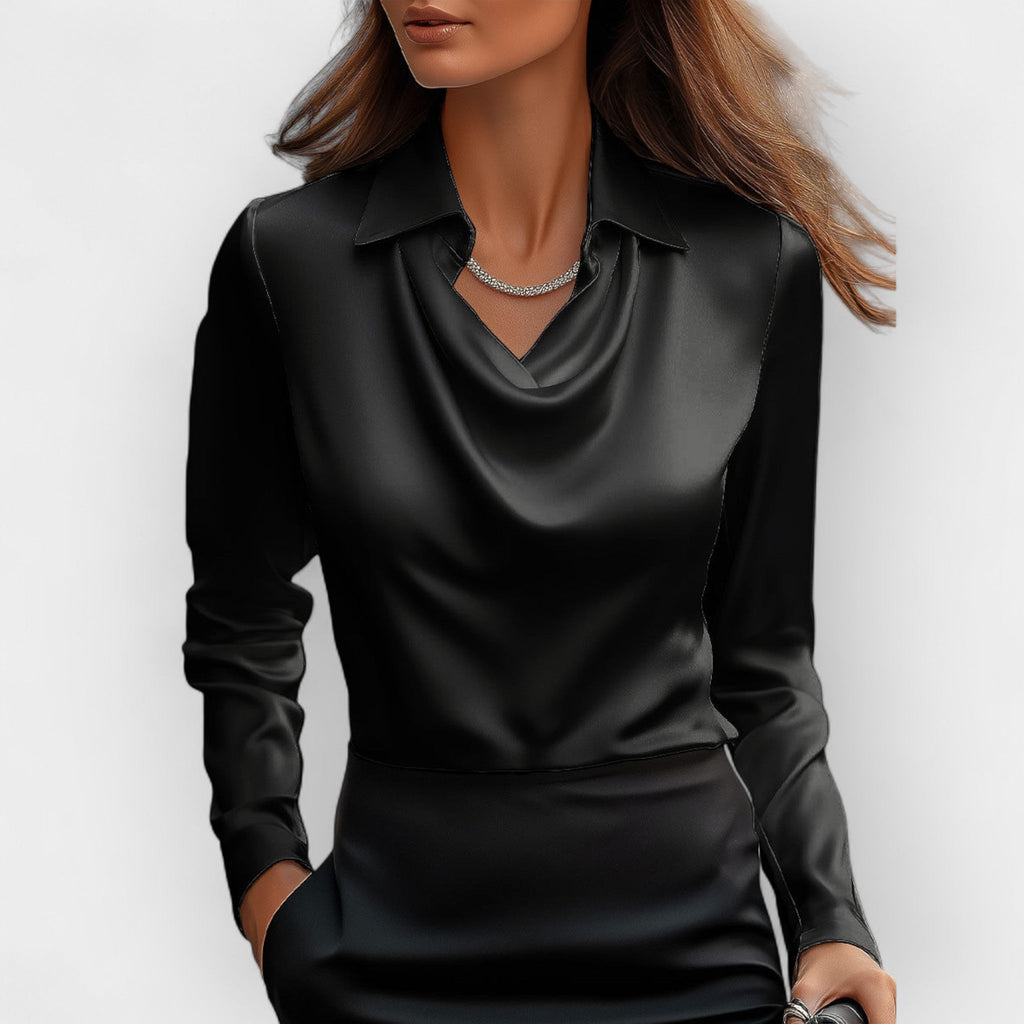 NOUVEAU RICHE Damen Bluse Mit Wasserfallkragen Glatte, Glänzende Material Schwarz