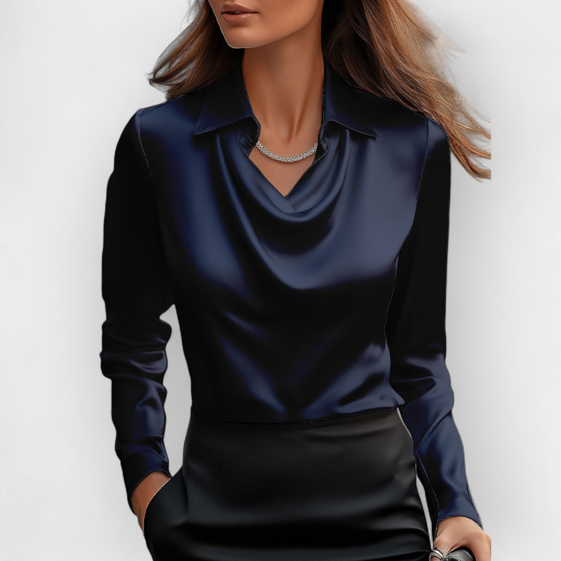 NOUVEAU RICHE Damen Bluse Mit Wasserfallkragen Glatte, Glänzende Material Marineblau