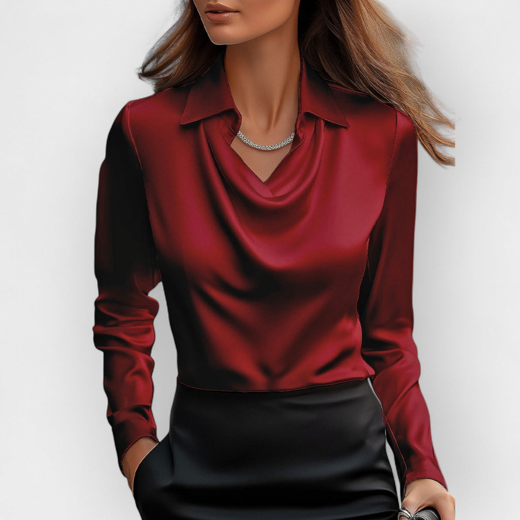 NOUVEAU RICHE Damen Bluse Mit Wasserfallkragen Glatte, Glänzende Material Bordeaux
