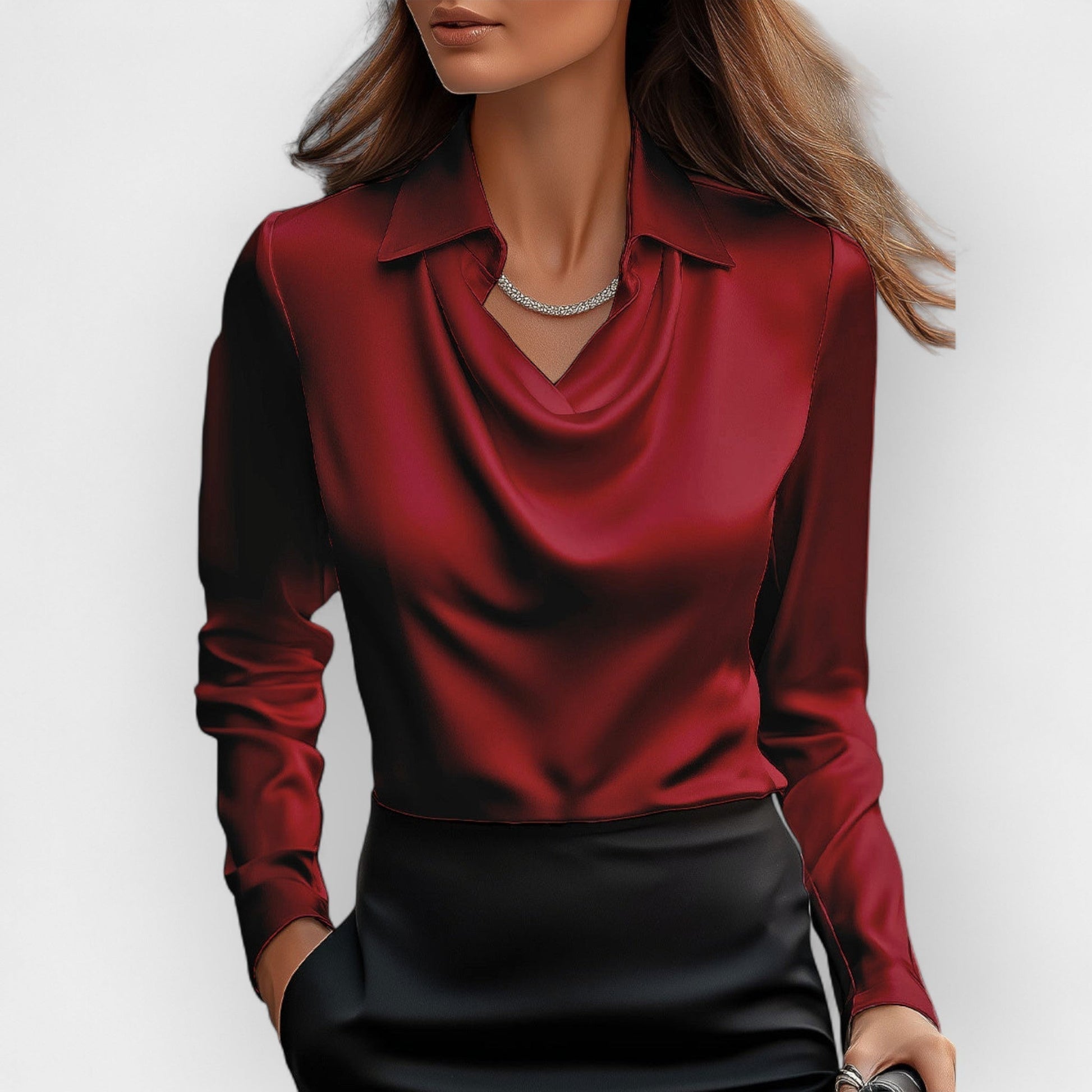 NOUVEAU RICHE Damen Bluse Mit Wasserfallkragen Glatte, Glänzende Material Bordeaux