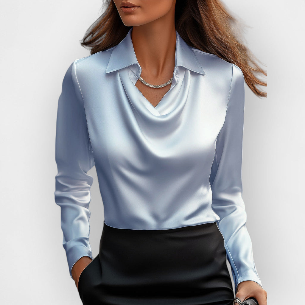 NOUVEAU RICHE Damen Bluse Mit Wasserfallkragen Glatte, Glänzende Material Hellblau