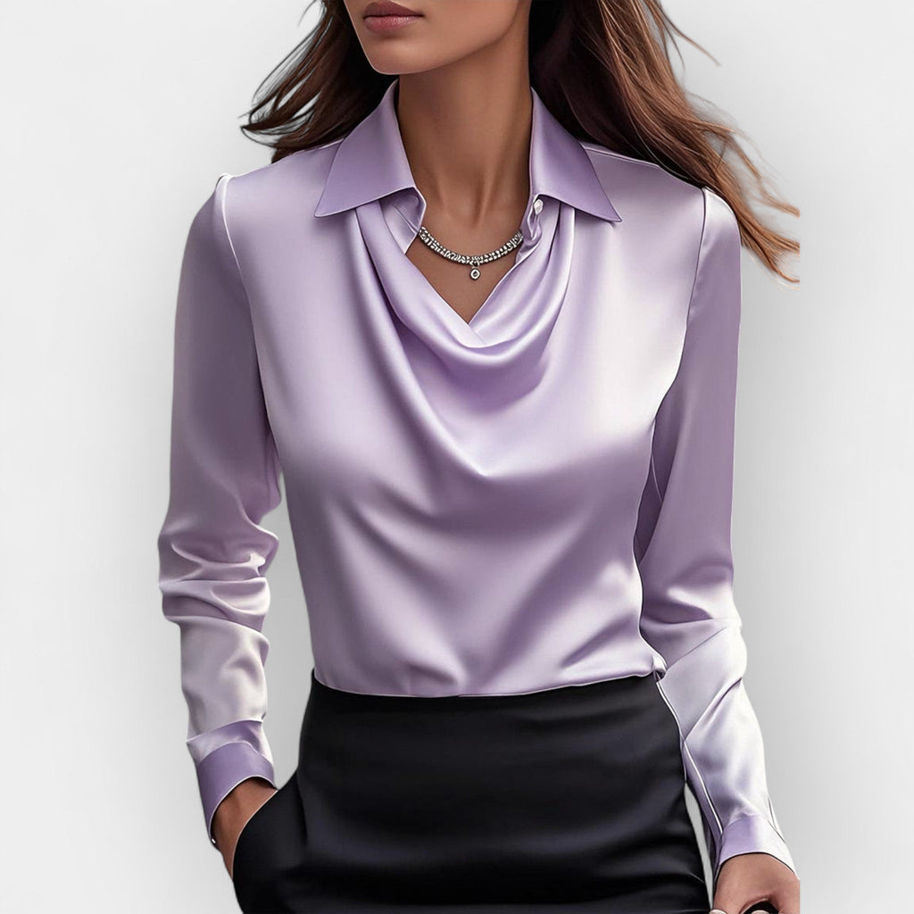 NOUVEAU RICHE Damen Bluse Mit Wasserfallkragen Glatte, Glänzende Material Lavendel