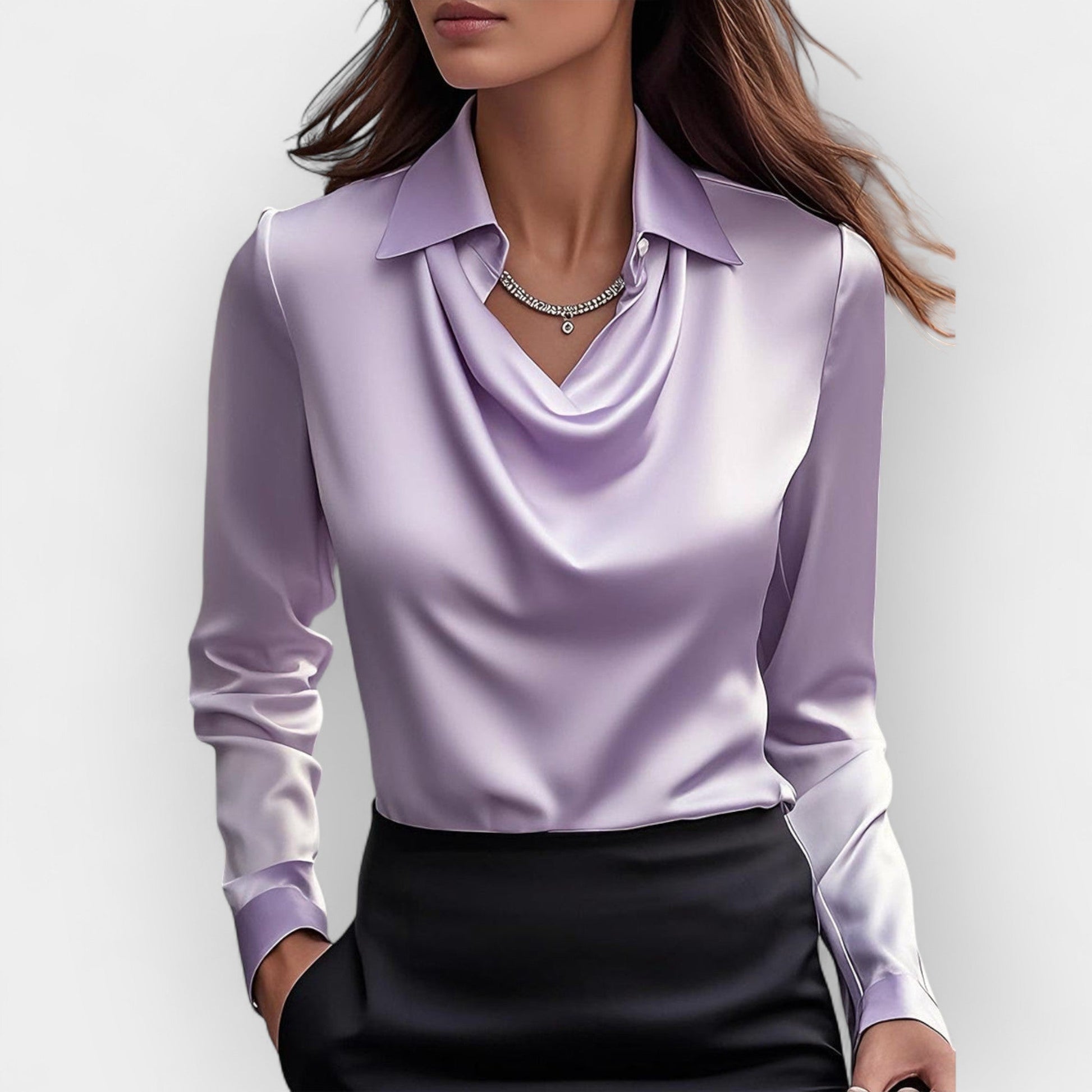 NOUVEAU RICHE Damen Bluse Mit Wasserfallkragen Glatte, Glänzende Material Lavendel