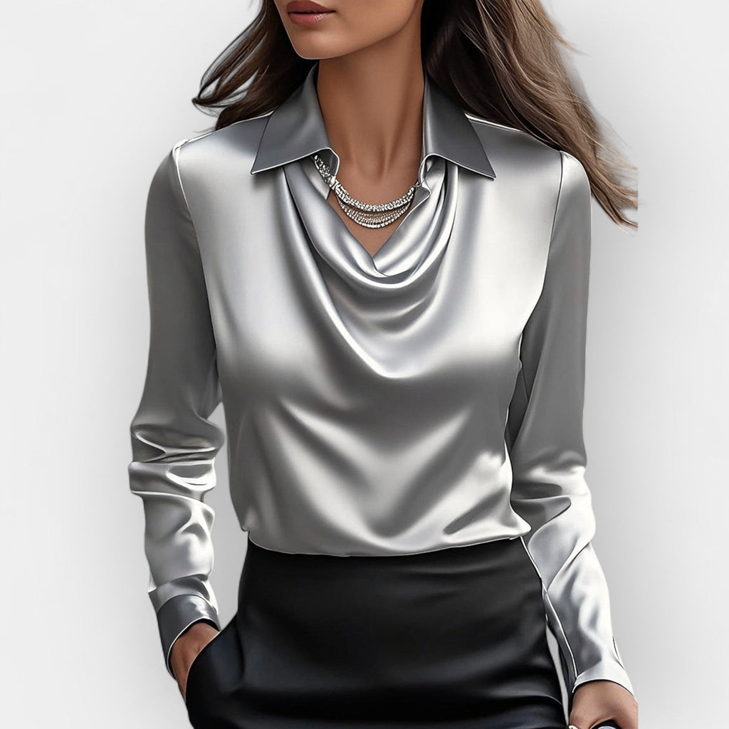 NOUVEAU RICHE Damen Bluse Mit Wasserfallkragen Glatte, Glänzende Material Grau