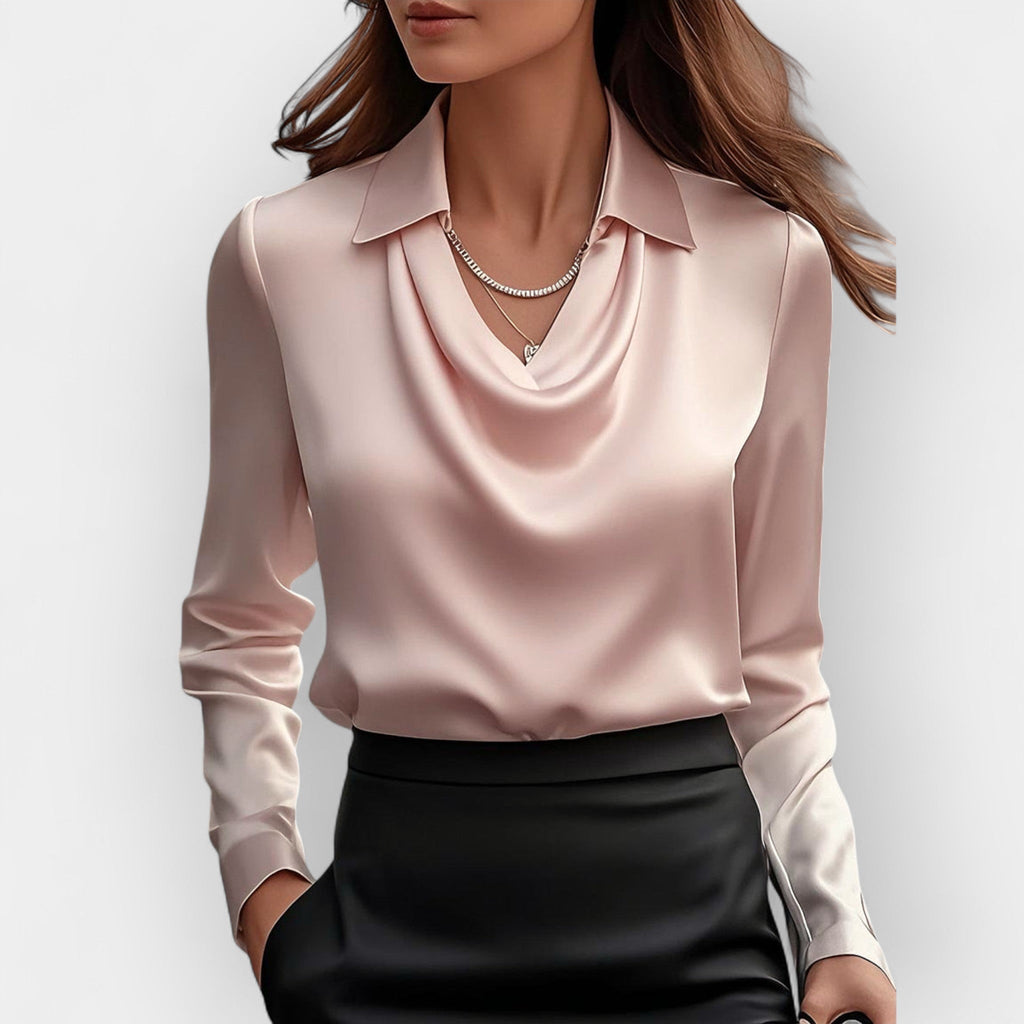 NOUVEAU RICHE Damen Bluse Mit Wasserfallkragen Glatte, Glänzende Material Rosa