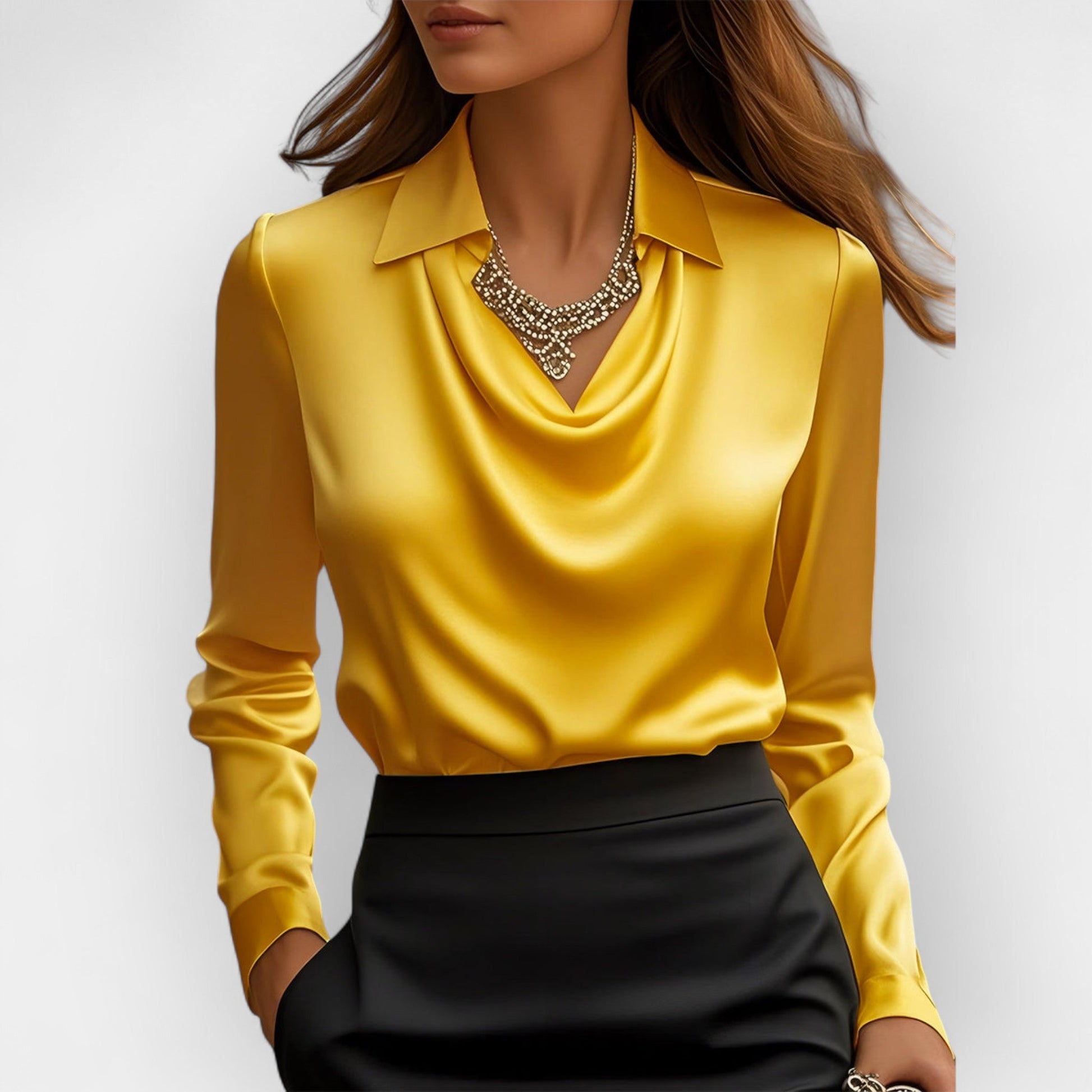 NOUVEAU RICHE Damen Bluse Mit Wasserfallkragen Glatte, Glänzende Material Gelb