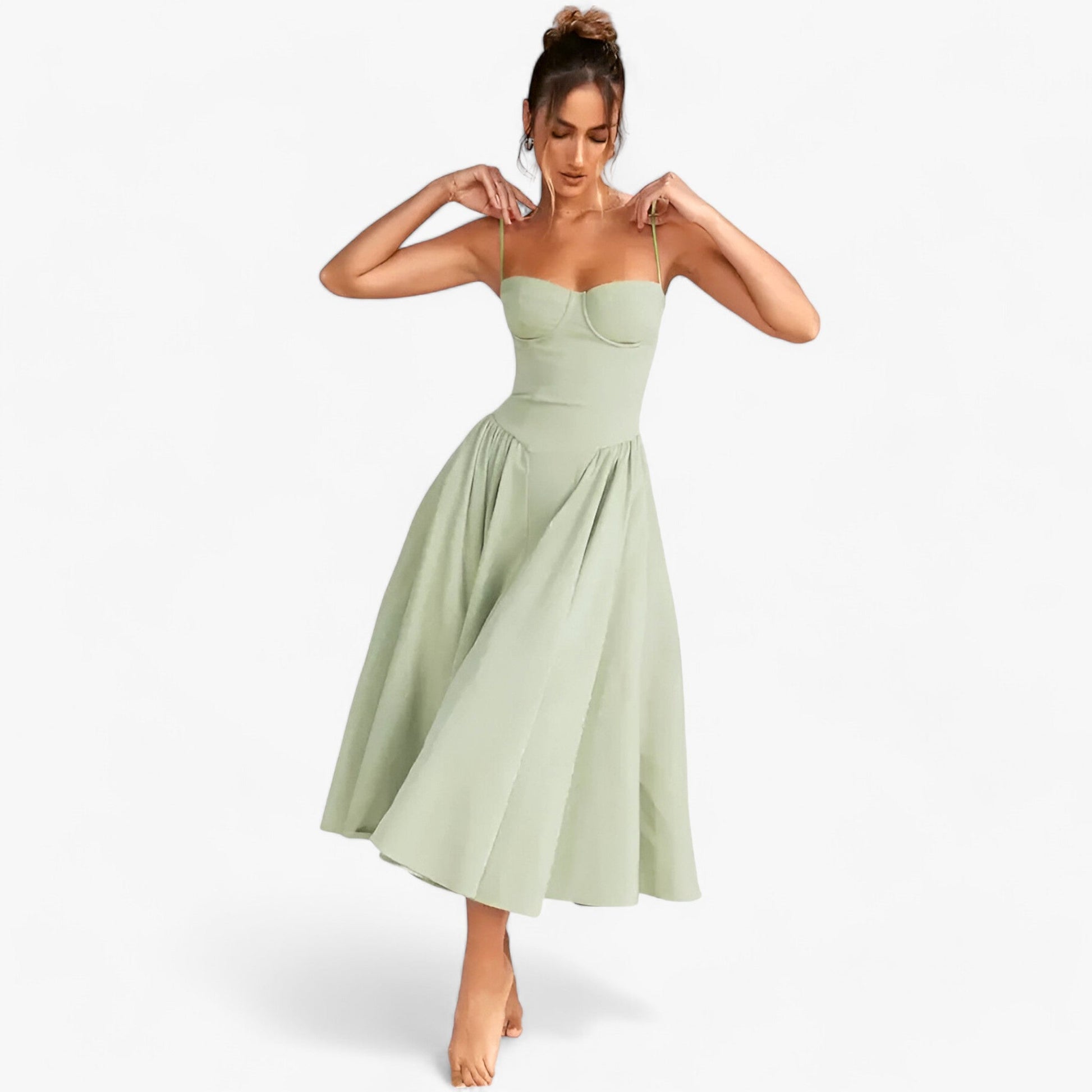 NOUVEAU RICHE Vespera | Damen-Korsettkleid – Ärmelloses Midi-Festkleid mit silhouettenbetontem Korsett Hellgrün