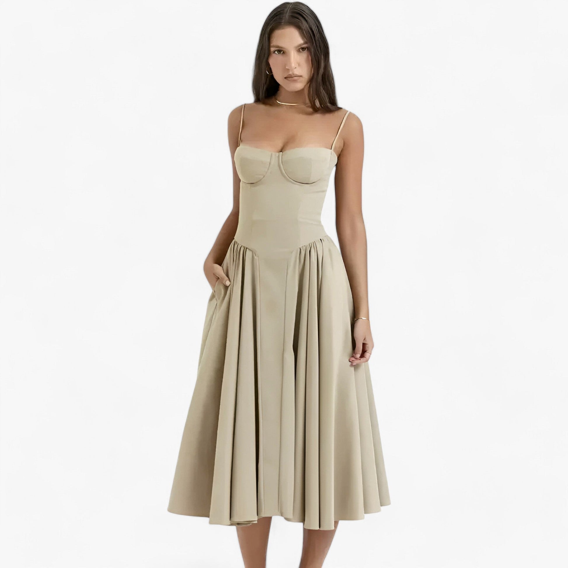 NOUVEAU RICHE Vespera | Damen-Korsettkleid – Ärmelloses Midi-Festkleid mit silhouettenbetontem Korsett Khaki