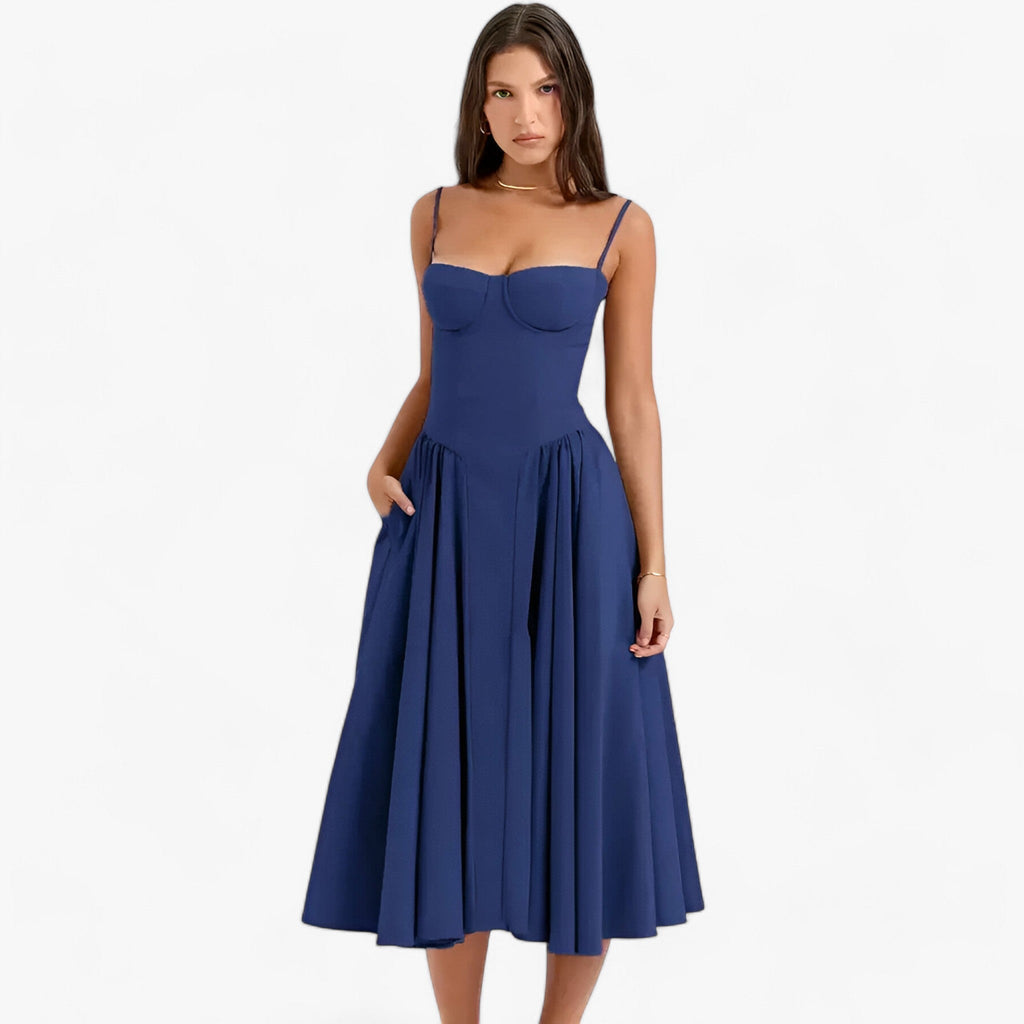 NOUVEAU RICHE Vespera | Damen-Korsettkleid – Ärmelloses Midi-Festkleid mit silhouettenbetontem Korsett Marineblau