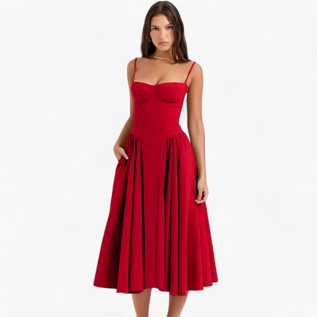 NOUVEAU RICHE Vespera | Damen-Korsettkleid – Ärmelloses Midi-Festkleid mit silhouettenbetontem Korsett Rot