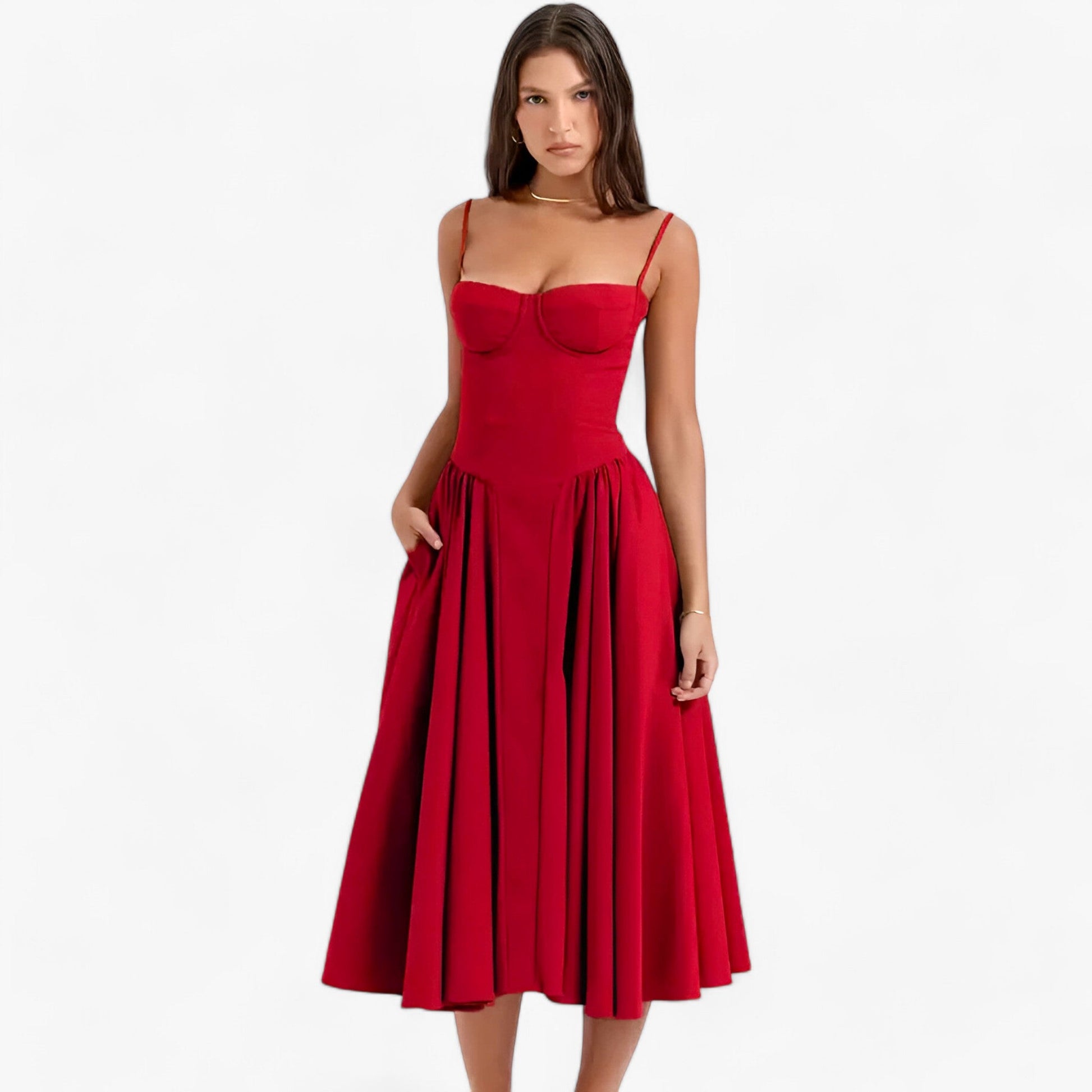 NOUVEAU RICHE Vespera | Damen-Korsettkleid – Ärmelloses Midi-Festkleid mit silhouettenbetontem Korsett Rot
