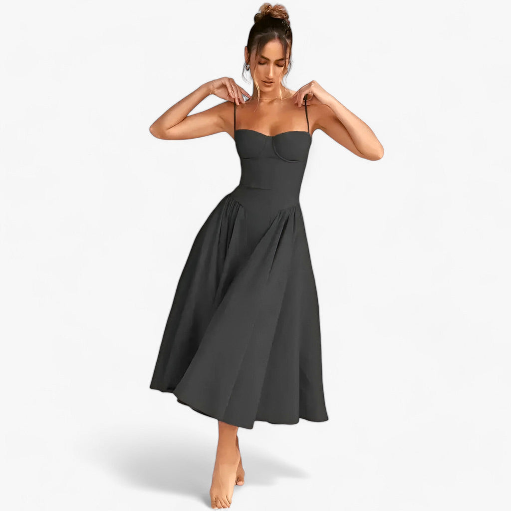 NOUVEAU RICHE Vespera | Damen-Korsettkleid – Ärmelloses Midi-Festkleid mit silhouettenbetontem Korsett Schwarz