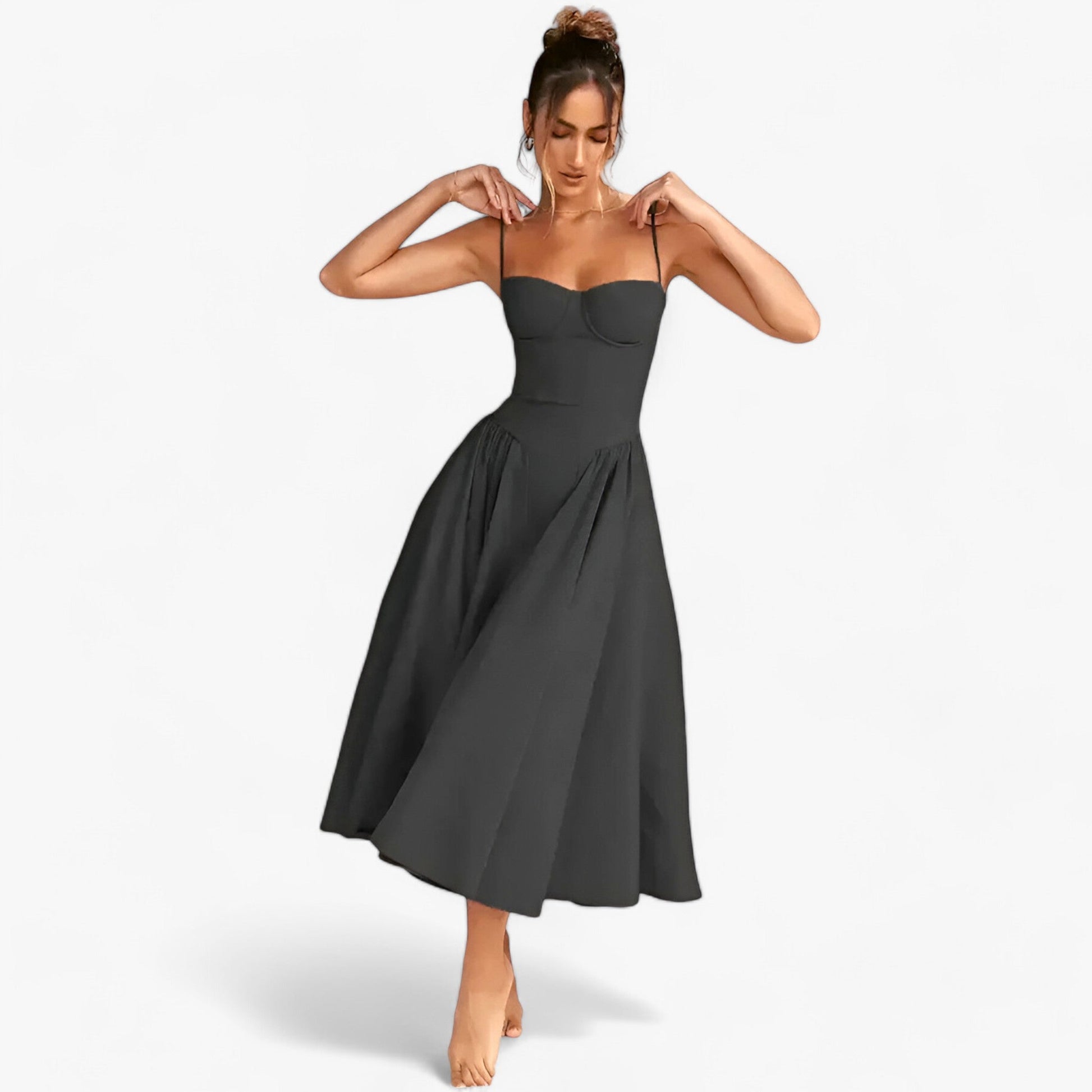 NOUVEAU RICHE Vespera | Damen-Korsettkleid – Ärmelloses Midi-Festkleid mit silhouettenbetontem Korsett Schwarz