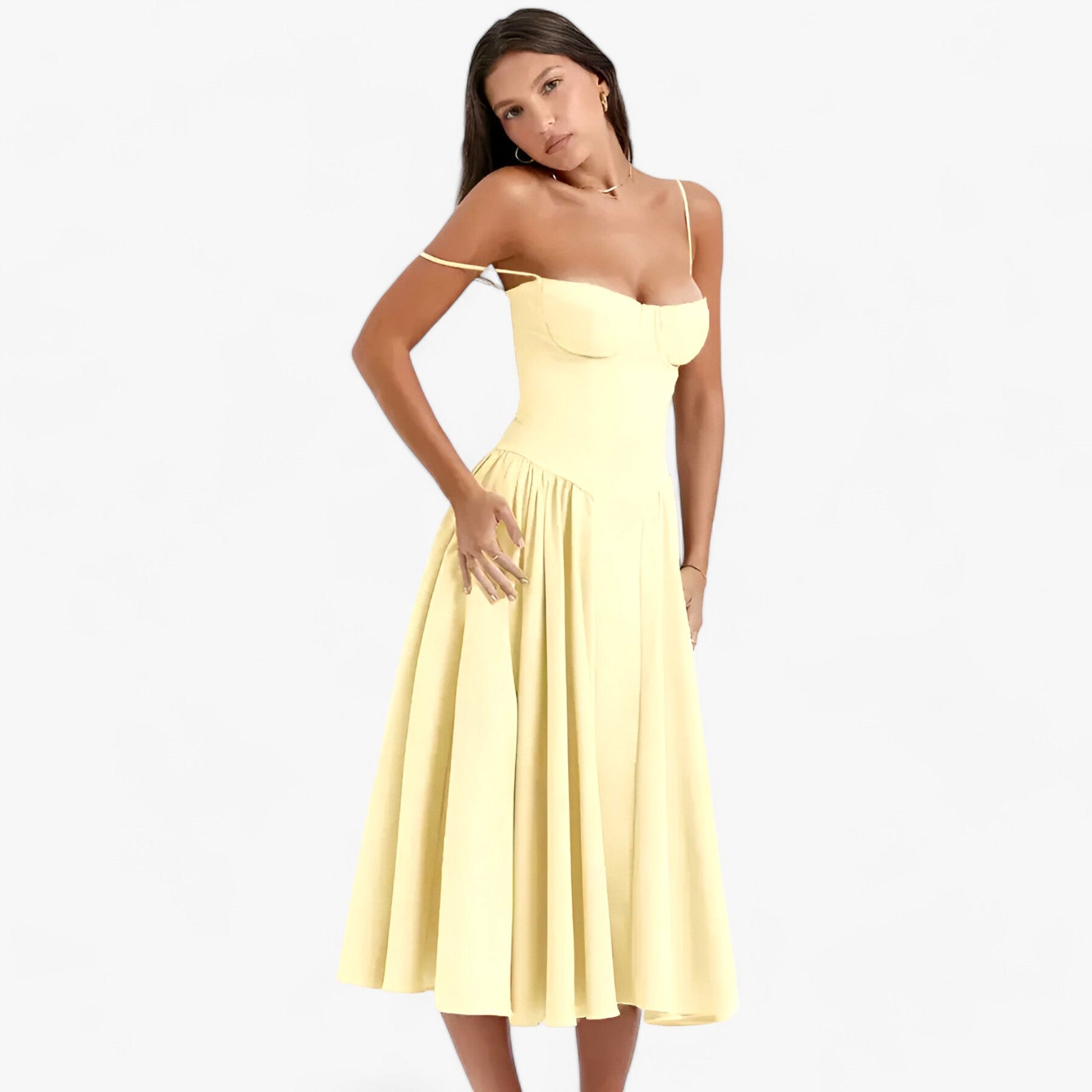 NOUVEAU RICHE Vespera | Damen-Korsettkleid – Ärmelloses Midi-Festkleid mit silhouettenbetontem Korsett Gelb