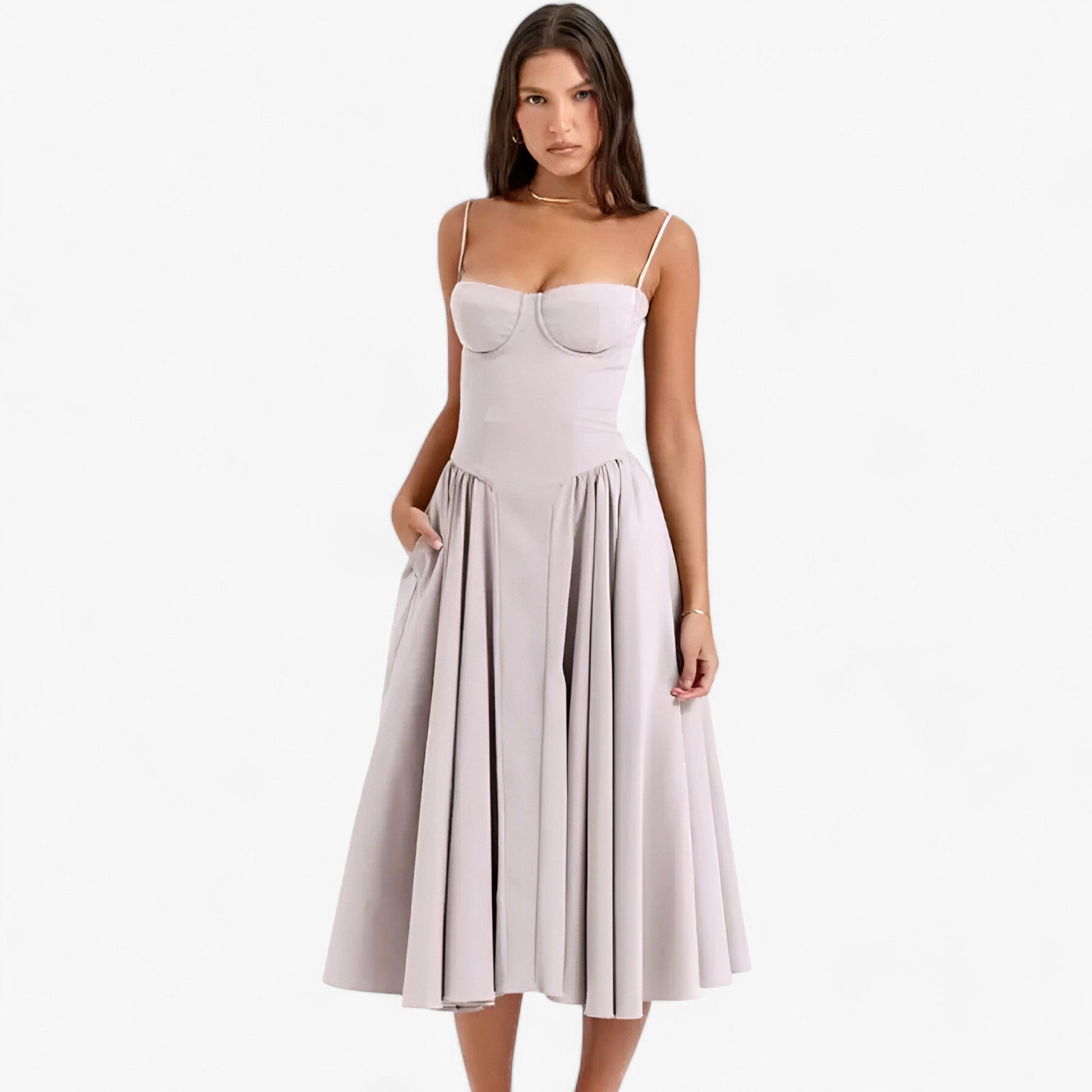 NOUVEAU RICHE Vespera | Damen-Korsettkleid – Ärmelloses Midi-Festkleid mit silhouettenbetontem Korsett Hellgrau