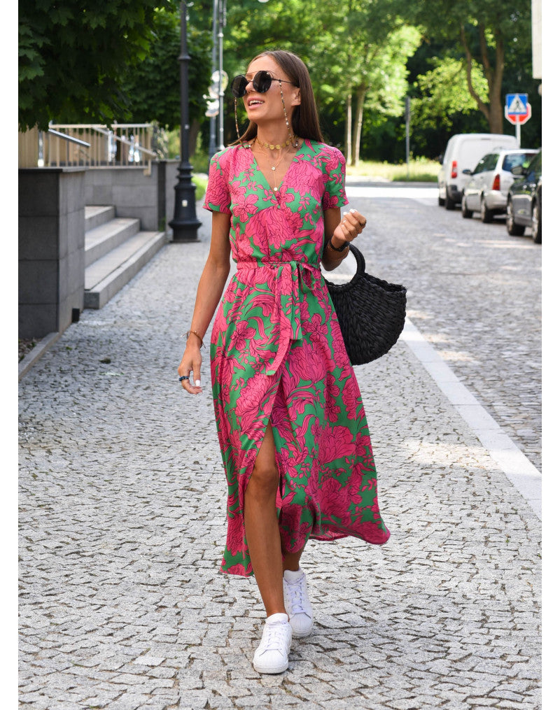 NOUVEAU RICHE Sommer Maxi Kleid Mit V Ausschnitt Verstellbare Taille Rosa Grün