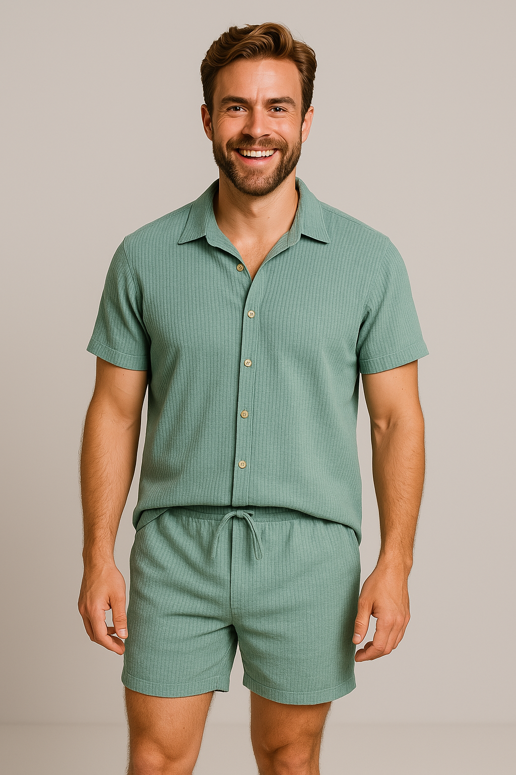 NOUVEAU RICHE Sommer Cord Set Herren Mit Knopfleiste Leichtes Outfit Grün