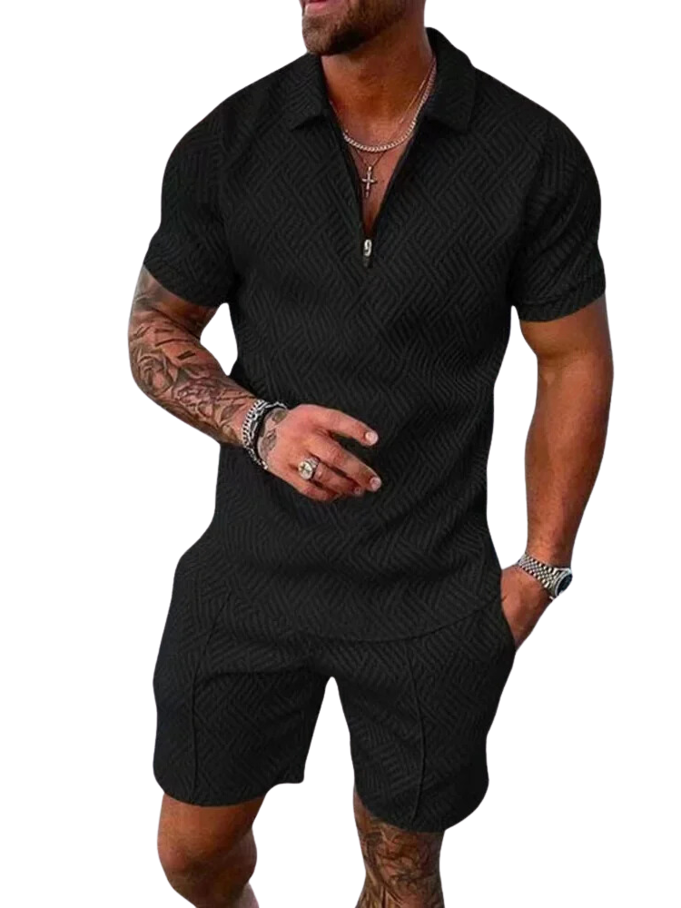 NOUVEAU RICHE Herren Sommer Set Polo Mit Reißverschluss Und Komfortshorts Schwarz