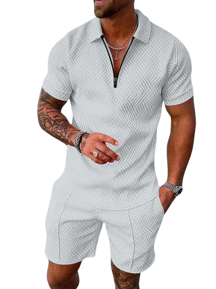 NOUVEAU RICHE Herren Sommer Set Polo Mit Reißverschluss Und Komfortshorts Weiß