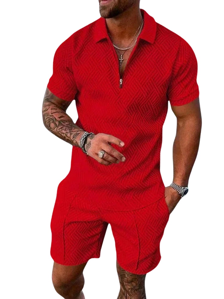 NOUVEAU RICHE Herren Sommer Set Polo Mit Reißverschluss Und Komfortshorts Rot