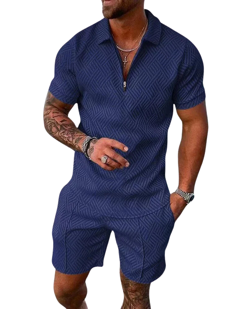NOUVEAU RICHE Herren Sommer Set Polo Mit Reißverschluss Und Komfortshorts Dunkelblau