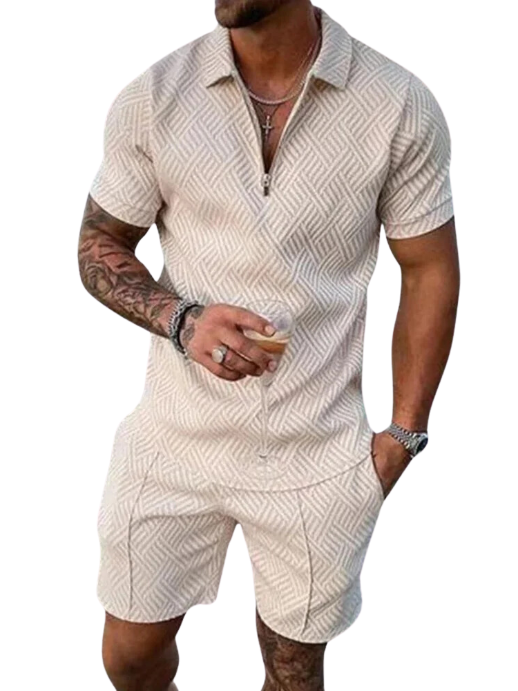 NOUVEAU RICHE Herren Sommer Set Polo Mit Reißverschluss Und Komfortshorts Khaki
