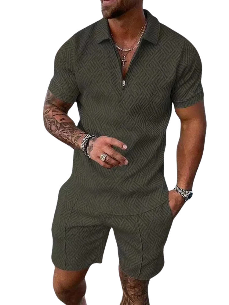 NOUVEAU RICHE Herren Sommer Set Polo Mit Reißverschluss Und Komfortshorts Grün