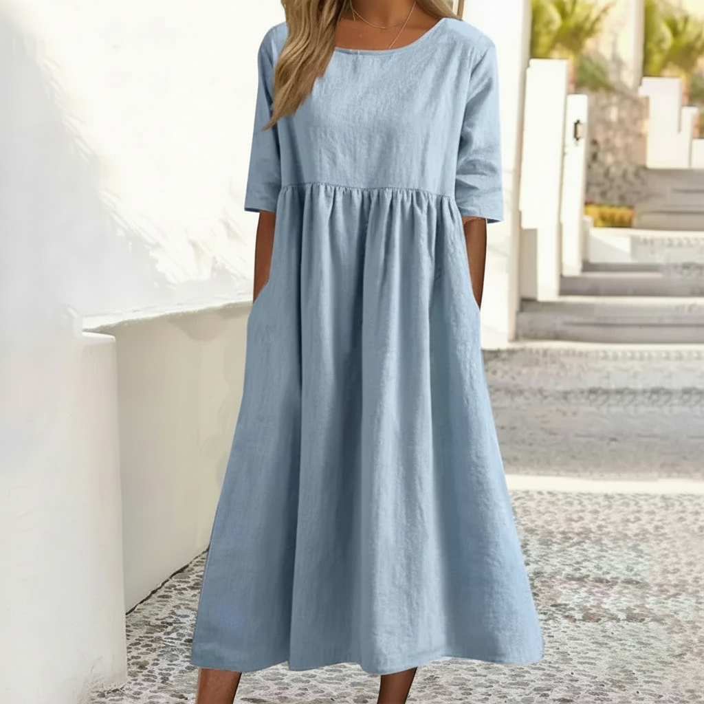 NOUVEAU RICHE Damen Midi-Sommerkleid – Lockere Passform & Luftiger Stil Blau