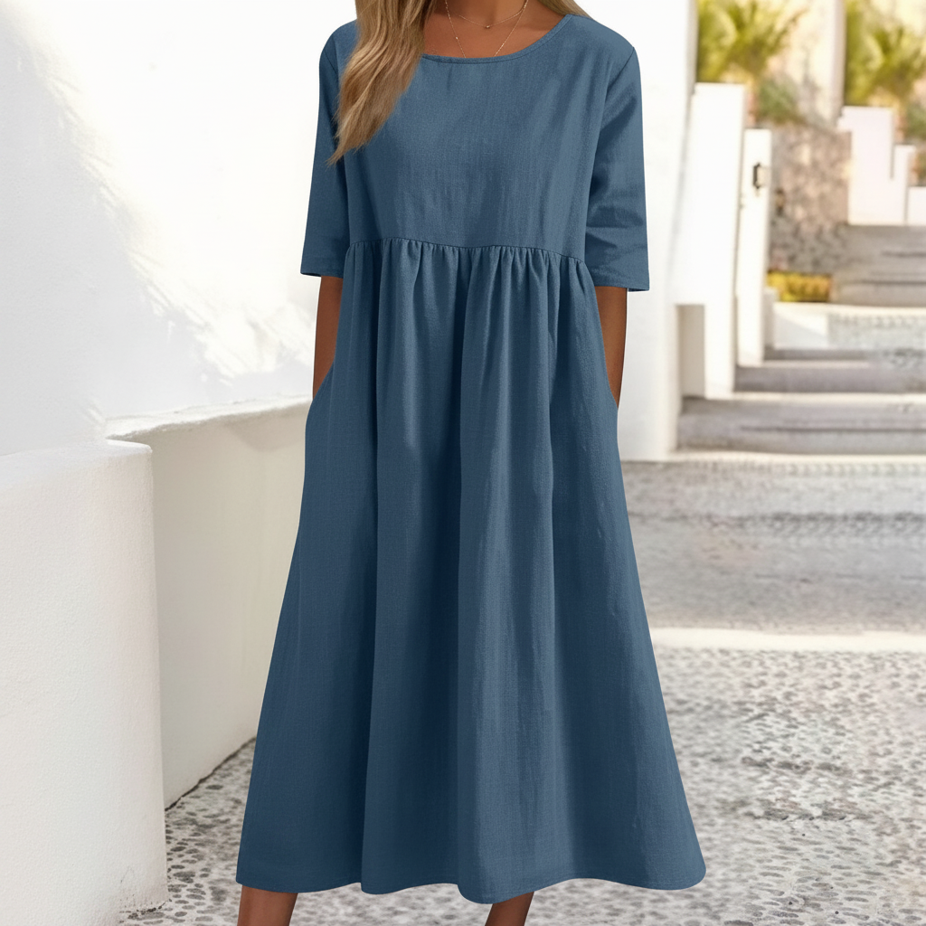 NOUVEAU RICHE Damen Midi-Sommerkleid – Lockere Passform & Luftiger Stil Hellblau