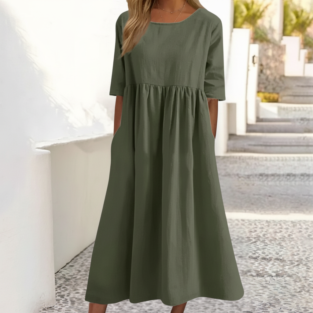 NOUVEAU RICHE Damen Midi-Sommerkleid – Lockere Passform & Luftiger Stil Dunkelgrün