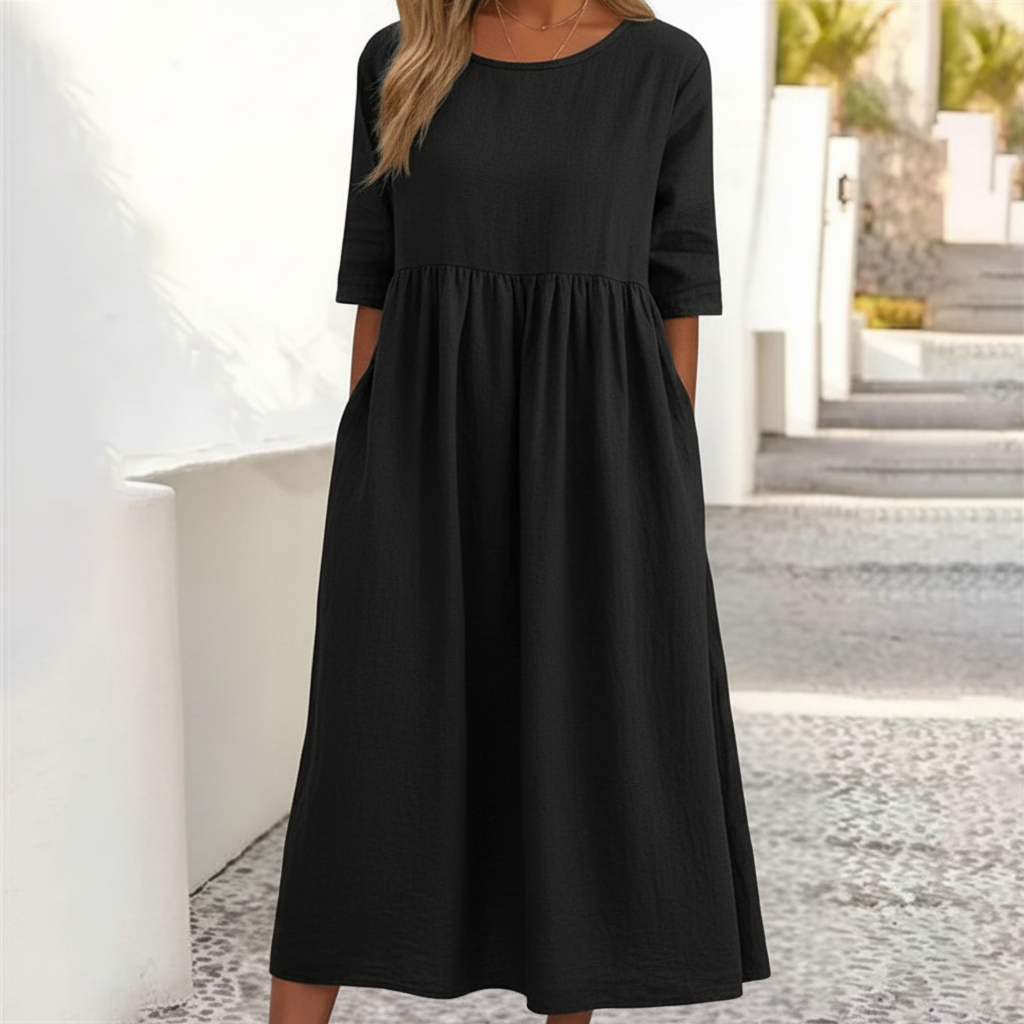 NOUVEAU RICHE Damen Midi-Sommerkleid – Lockere Passform & Luftiger Stil Schwarz